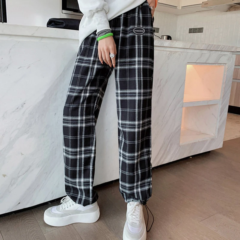Ankle Banded Pants Women Wide Leg Plaid Ladies High Waist loose Purple Causal Harajuku 2021 Spring Summer Streetwear Trouser | Женская