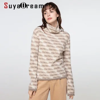 

SuyaDream woman sweaters 100%Cashmere Turtleneck Pullovers Long Sleeve Argyle Pattern Warm Sweaters 2020 Fall Winter Knit Top