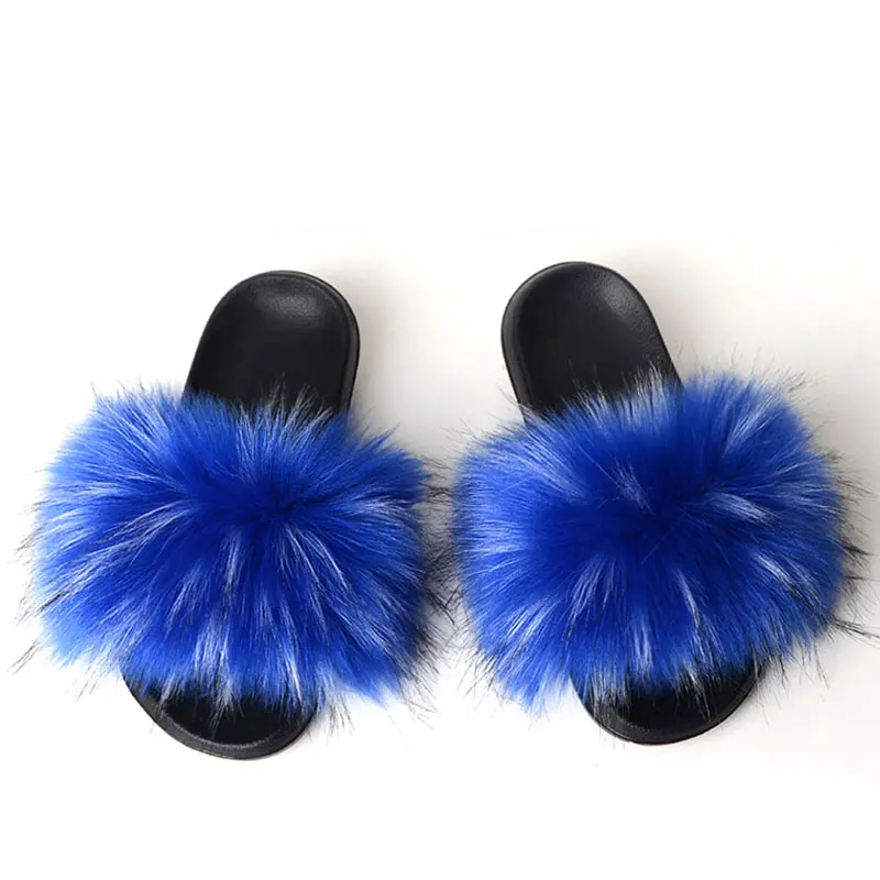 Женские меховые тапочки; зимние теплые пушистые сланцы из искусственного меха; домашняя обувь на плоской подошве; пушистые шлепанцы; женские повседневные сандалии из пушистого плюша - Цвет: Royal blue