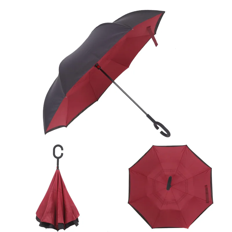 

Wine Red Windproof Reverse Folding Double Layer Inverted Rain Umbrella Self Stand Rain Protection C-Hook Hands For Car