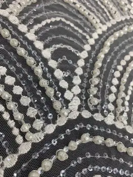 

newest fan design handmade French net lace African beaded lace white color embroidery tulle lace fabric party wedding dress