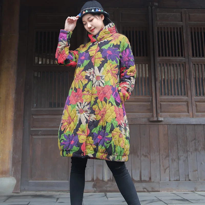 

2018 New Style Winter Cotton Linen WOMEN'S Dress National Wind Cotton Overcoat Mid-length Cotton-padded Jacket