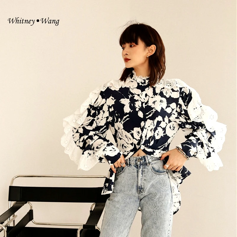 WHITNEY WANG Blouses 2020 Spring Fashion Streetwear Lace Ruffles Patchwork Florals Printed Blouse Women Blusas Lady Shirt Top | Женская