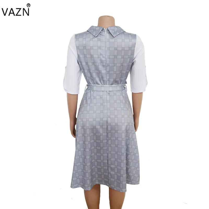VAZN XL6029 новые юные сексуальные бесцветные офисные модные кружевные воротник Питер Пэн с коротким рукавом с высокой талией женские миди Бальные платья