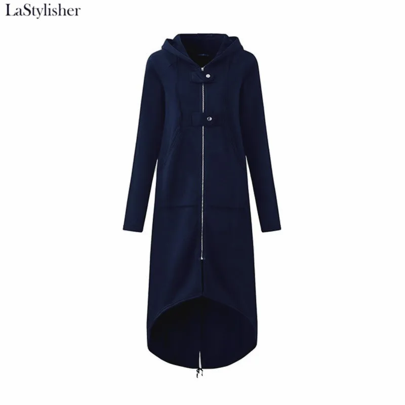 LaStylisher модное женское пальто с длинным рукавом и капюшоном, Осеннее Черное длинное пальто на молнии размера плюс, женское бархатное пальто, одежда