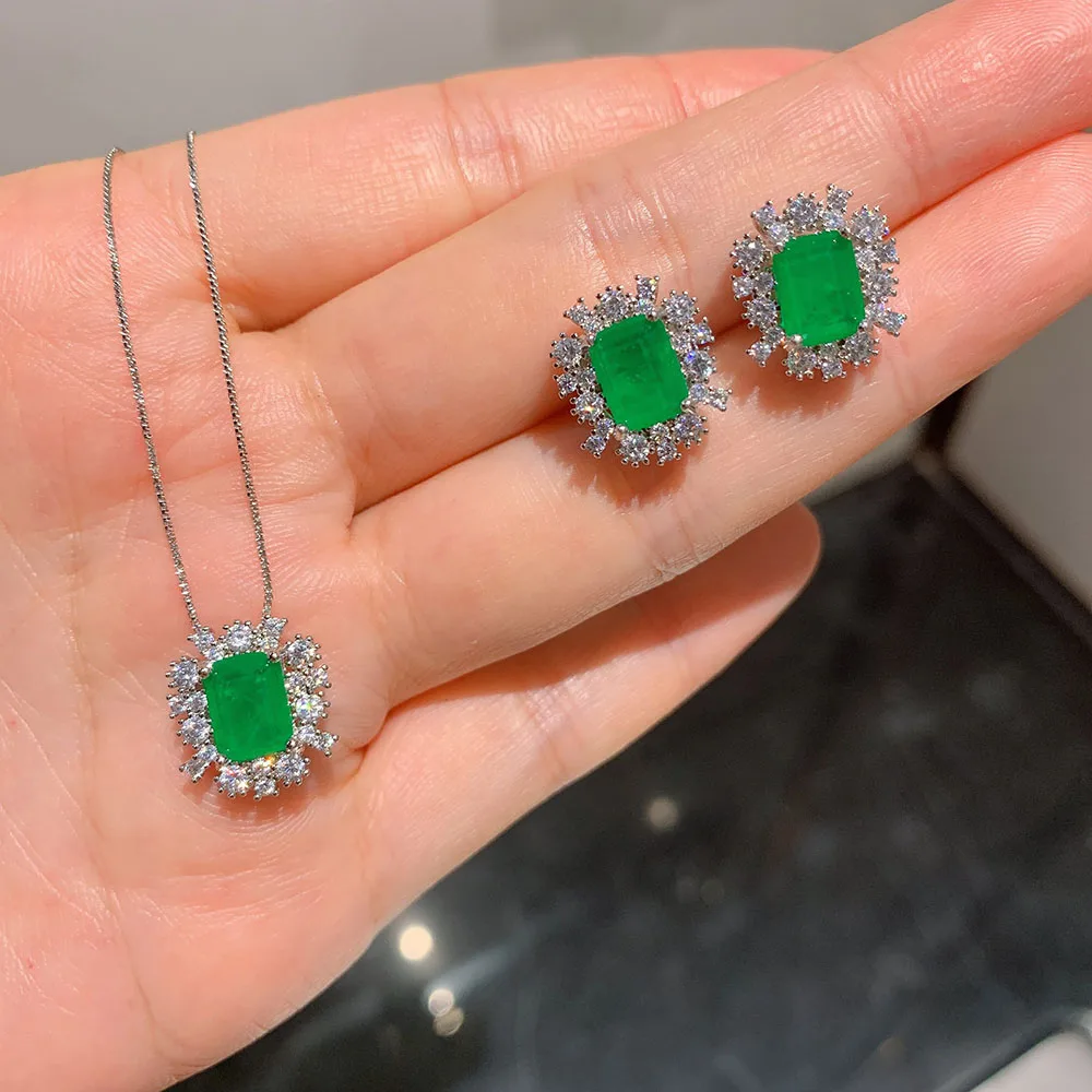 

Vintage 925 Sterling Silver Emerald Gemstone Earrings Neckalce Sets Moissanita Wedding Engagement Fine Jewelry for Women