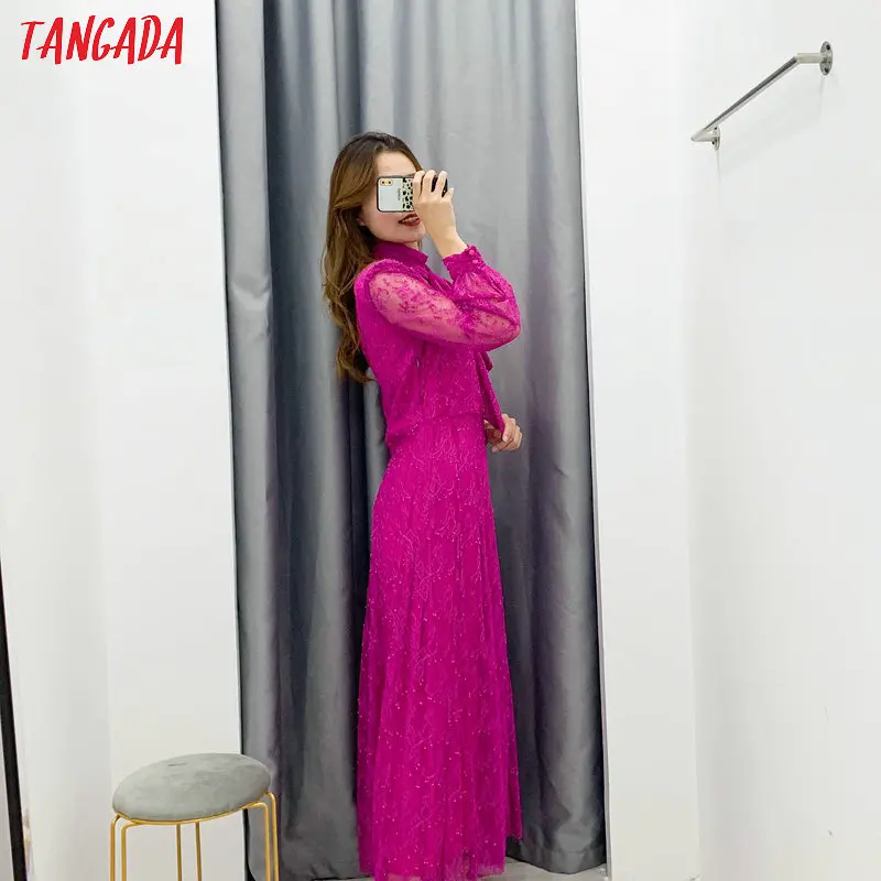 Tangada женское кружевное длинное платье ярко-розового цвета с длинным рукавом и галстуком-бабочкой, женские элегантные новогодние макси платья XN06