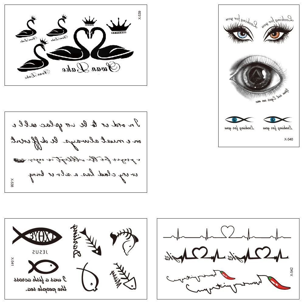 Водостойкая временная татуировка переводная наклейка Love text eyes Лебедь рыба перец