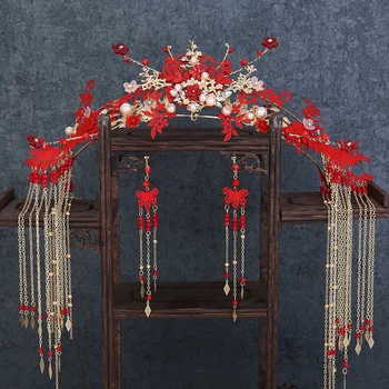 

Chinese Red Bridal Headdress Han Dress Tassel Walk Show Hefu Wedding Hair Ornament Ancient Style Dragon And Phoenix Coat Ancient