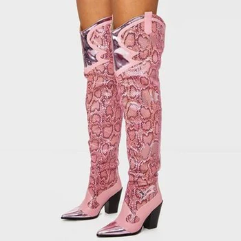 

Siddons Metal Pointed Toe Female Thigh High Boots Pink Snake Prints Women Autumn Winter Shoes High Heels Ladies Over Knee Boots