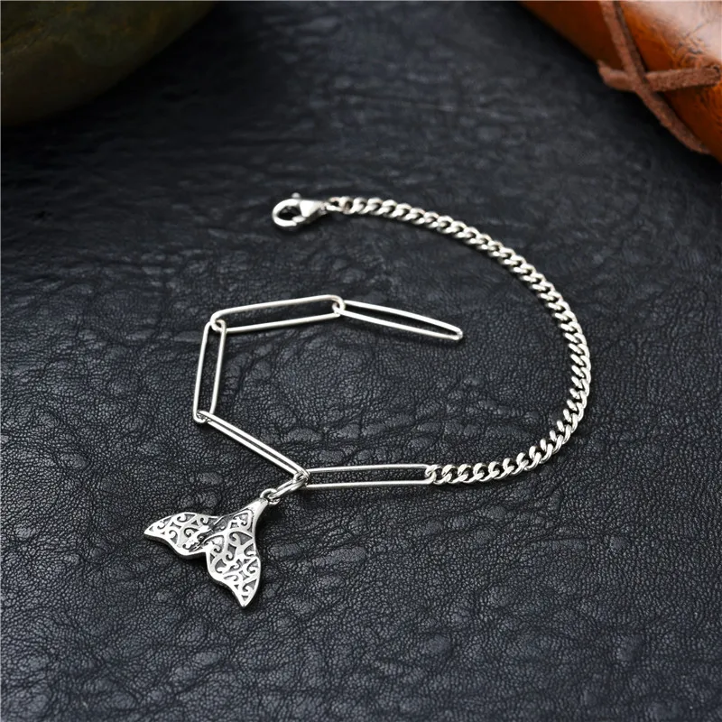 

Korean version 100% sterling silver S925 retro whale tail pendant belief female fashion boutique bracelet