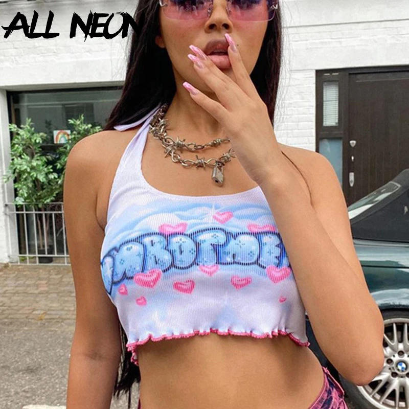 ALLNeon E-girl Kawaii графический и буквенный принт укороченные топы на бретельках 2000s