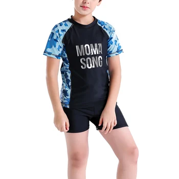 

3 Pcs Boys Swimwear Short Sleeve Tops Bottom Set Printed Swimsuits with Cap BHD2