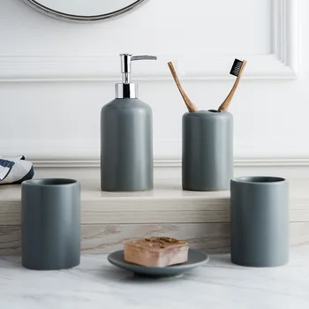 

Grey Simple Ceramic Bathroom Accessories Set 5pcs Kit Bathroom Supplies Toothbrush Holder Melamine Tray Soap Dispenser Mouth Cup