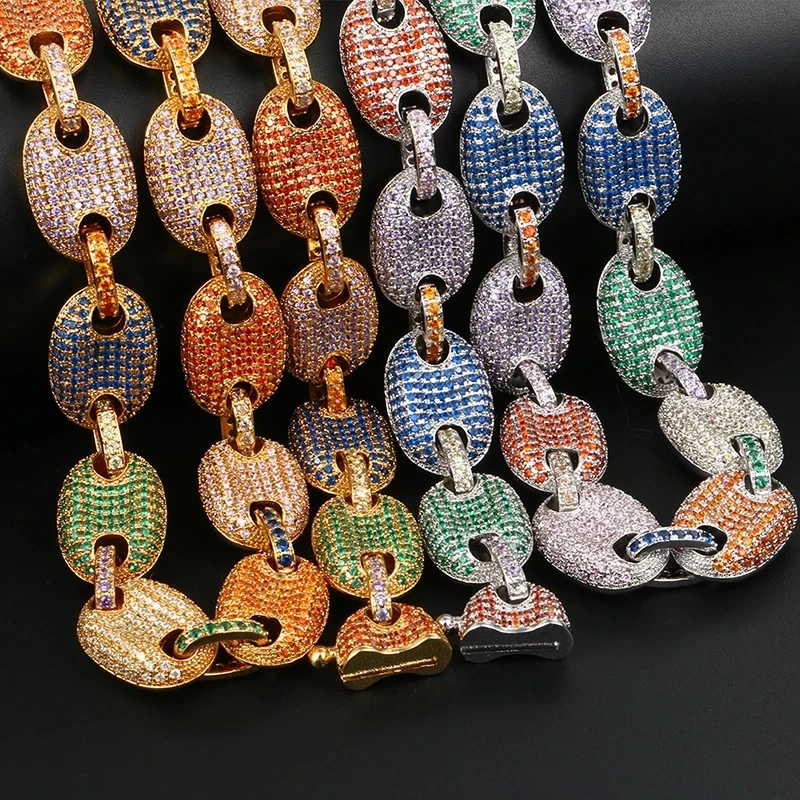

D&Z Fashion Coffee Beans Chain Iced Out Bling Colorful CZ Hollow Cuban Link Chain Necklace For Male Hip Hop Jewelry