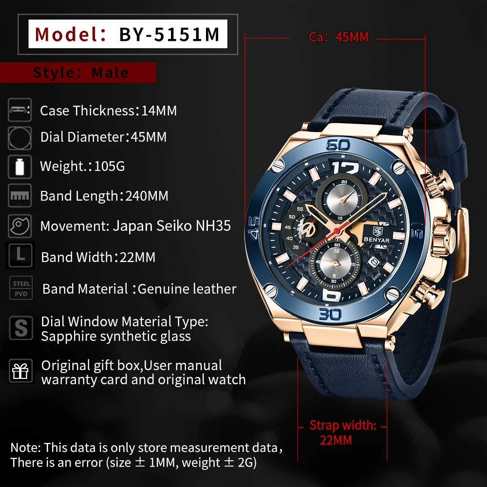 Relogio Masculino BENYAR кварцевые Многофункциональные спортивные часы с хронографом 30 м водонепроницаемые Роскошные брендовые наручные часы Мужские часы