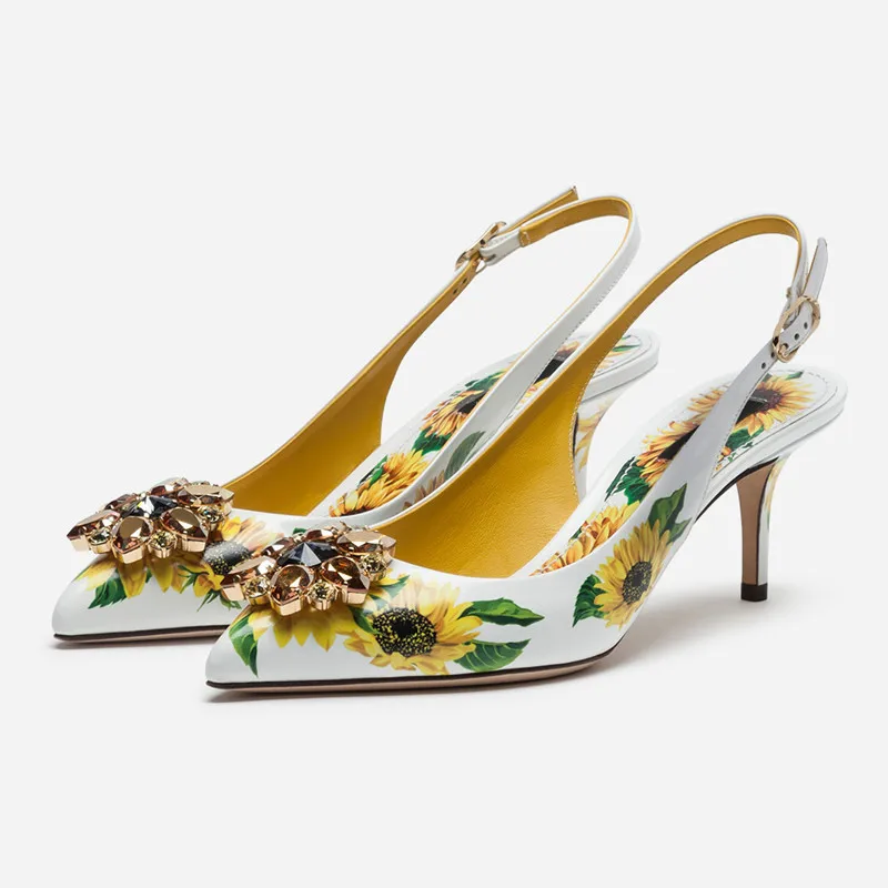 Шикарная обувь с принтом подсолнуха; женские туфли-лодочки с украшением в виде кристаллов и цветов; пикантные босоножки слингбэк; обувь на каблуке-рюмочке; женская обувь для вечеринок