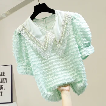 

Summer Lace Shirt Women Handmade Beaded Diamond Chain Decorative Lace Sweet Doll Collar Perspective Blouse Women Blusas Tops