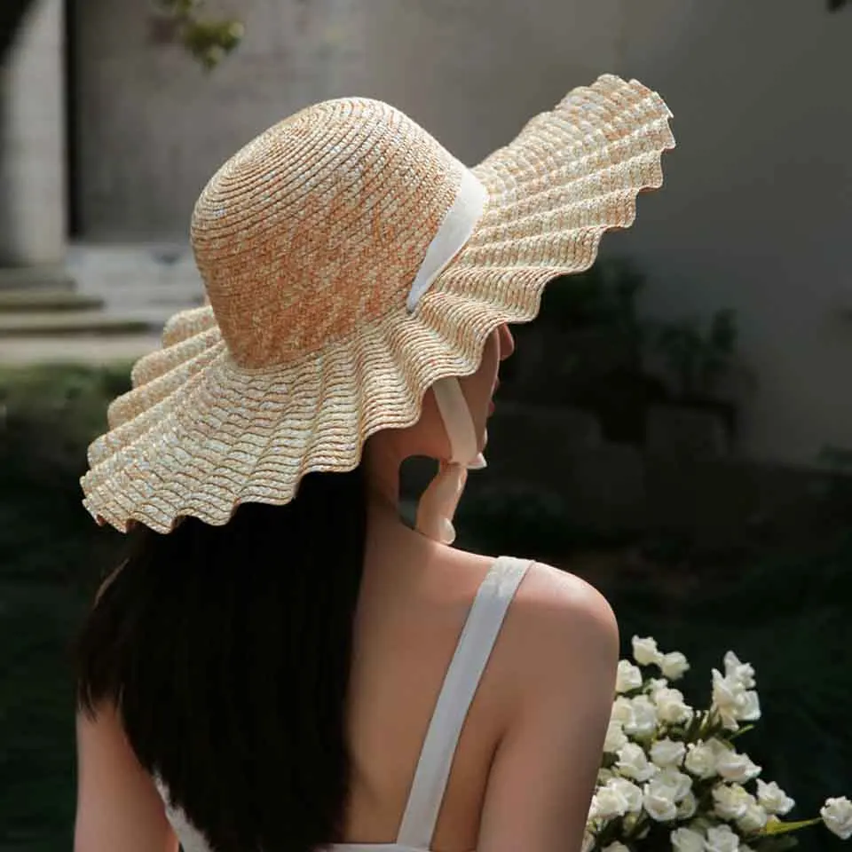

Natural Large Wide Brim Wavy Ruffles Hats Raffia Straw Hat Women Summer Fringe Beach Hat Weave Sun Hat With Black&White Belt