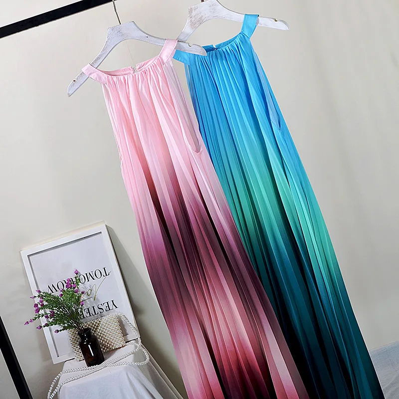 Летнее модное женское длинное платье макси, шикарное свободное плиссированное платье с градиентом цвета, женское вечернее платье без рукавов с лямкой на шее