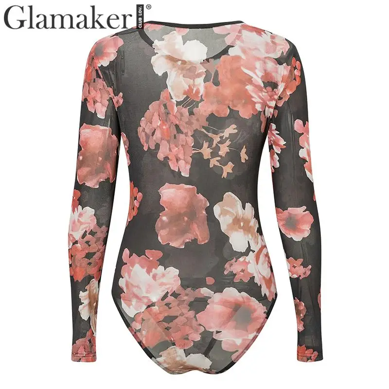 Glamaker Сетчатое прозрачное боди с принтом розы, сексуальное элегантное боди Ренессанс, женское уличное боди с длинным рукавом, Новинка