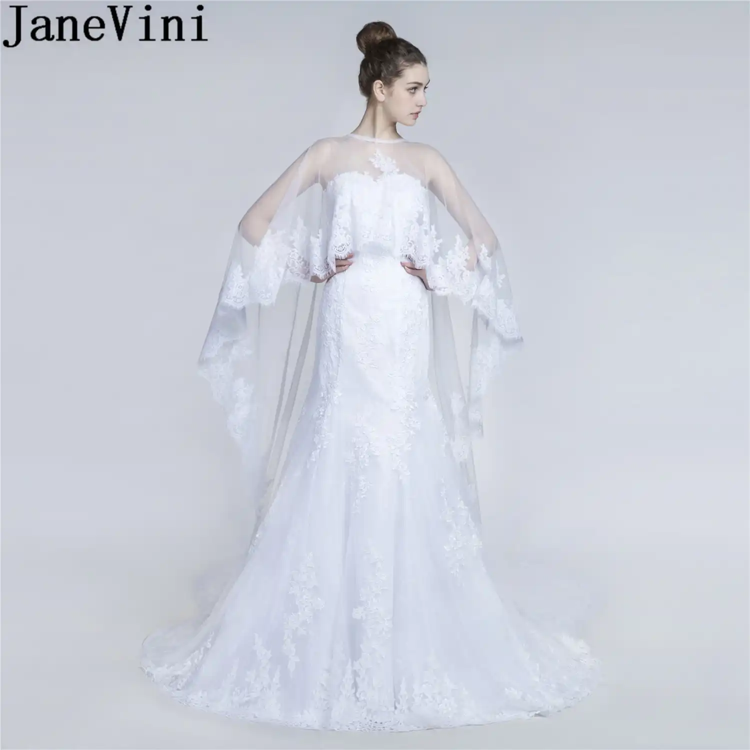 Vestidos De Novia De Encaje De Princesa De Janevini Con Capa Larga Extraible De Sirena Vestidos De Novia Vintage Apliques Blanco Vestido De Novia Aliexpress