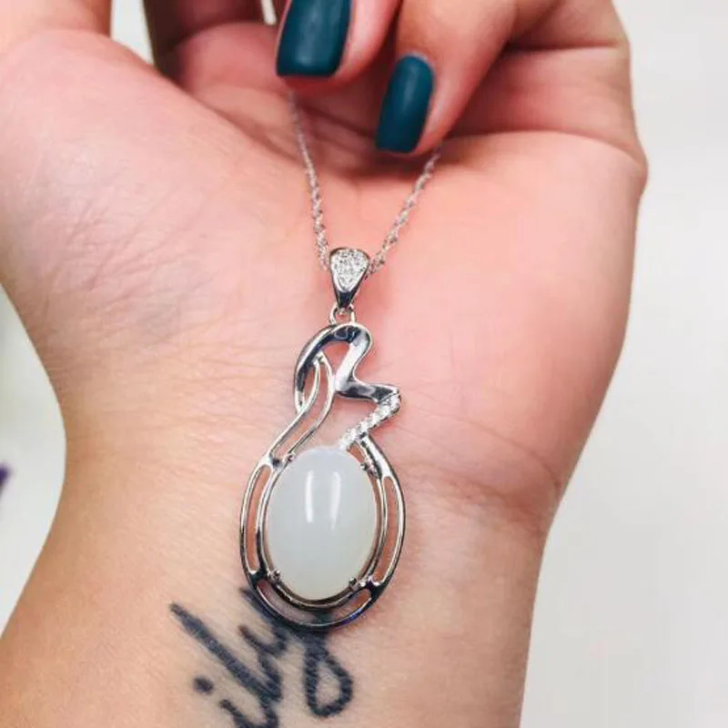 925 Sterling Silver White HeTian Jade Lucky Pendant+ Chain Necklace For Women Fine Jewelry Charm Gift