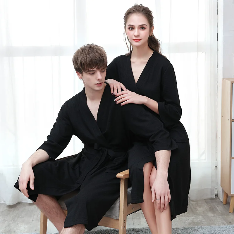 Spring and Summer Couple Nightgown One Piece Solid Color Waffle Cardigan Three-Quarter Sleeve Robe mens silk pajamas Men's Sleep & Lounge