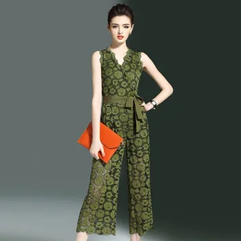 

New Arrival Summer Women Jumpsuits Fashion Hollow Out Floral Lace Wide Leg Jumpsuits Elegant Slim Fit Sleeveless Women Rompers