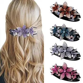 

High Quality Rhinestone Double Flower Hair Clip Flexible Durable Dovetail Hair Clip Women Harpin