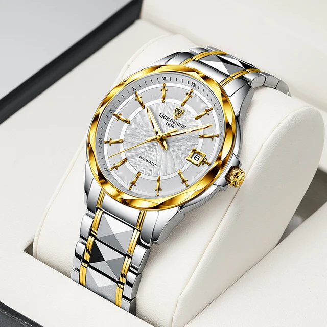 LIGE-Reloj de pulsera para Hombre, nuevo accesorio de pulsera resistente al agua 50m con mecanismo automático de movimiento de cristal de zafiro y acero de tungsteno para negocios