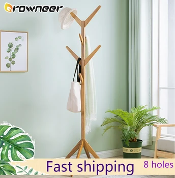 

8 Hooks Tree Shape Standing Coat Rack Pine Wood Hats Scarves Floor Storage Furniture Classical Smooth Clothes Umbrella Rack