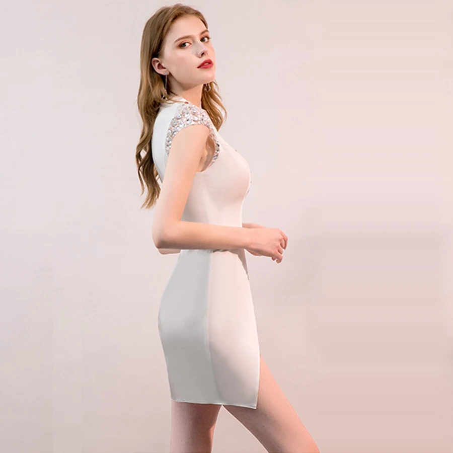 Skyyue, коктейльное платье, белое, сексуальное, с разрезом, Vestidos De Coctel,, Кристальные Мини коктейльные платья, v-образный вырез, без рукавов, официальное платье H115