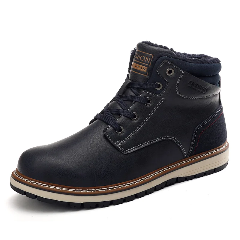 Dark blue Brand Men Boots Comfortable Men Shoes Pu Leather Ankle Boots Men Snow Boots Short Plush Winter Warm Shoes Men Skid Boots Size 45 - Цвет: Dark blue
