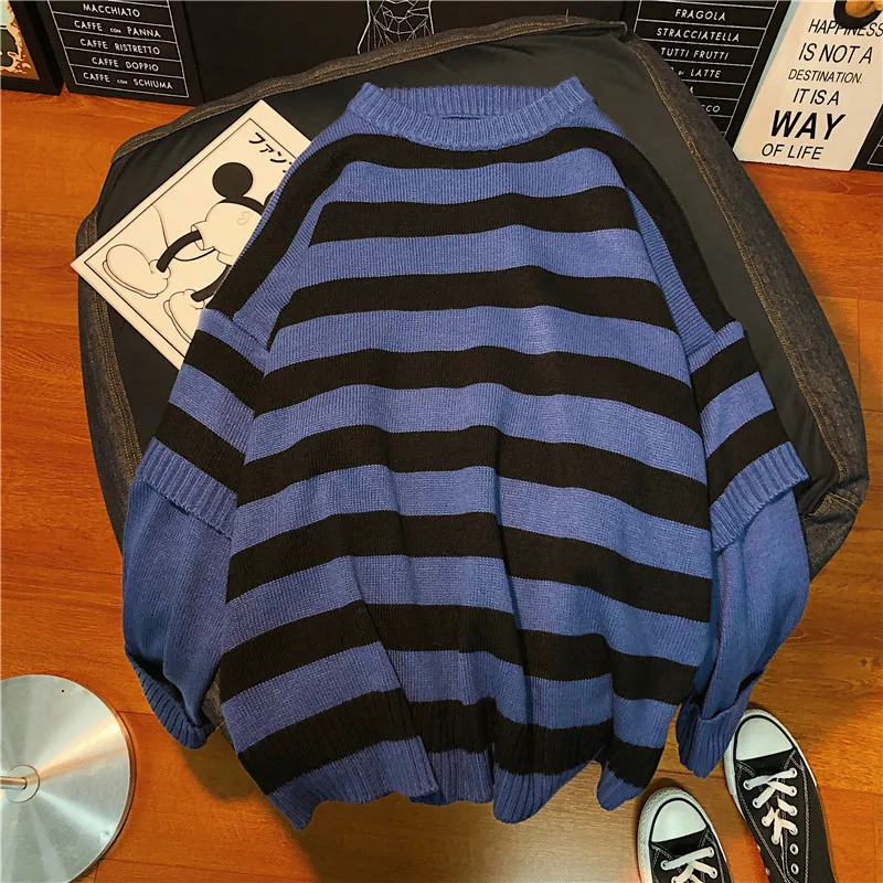 LAPPSTER Men Harajuku Oversized Sweater Fall Pullover Man Fake Two Pieces Streetwear Sweater Korean Fashion Striped Clothes - Цвет: Blue