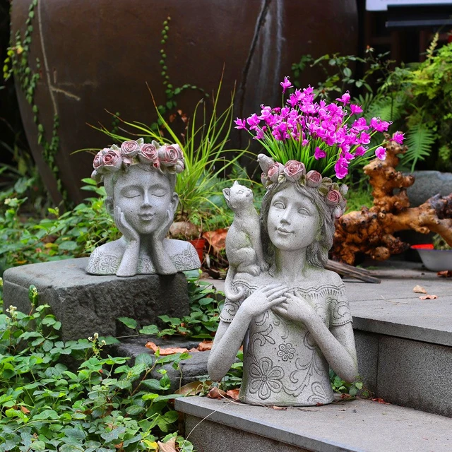 Garden rose girl, girl and cat flower pot home garden villa resin flower pot  goddess art creative statue flower pot - AliExpress