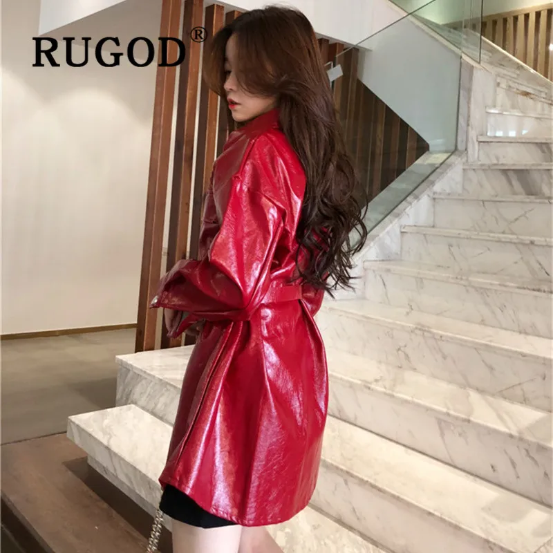RUGOD Новое корейское стильное шикарное яркое кожаное сексуальное пальто с поясом, однотонные Зимние Топы для женщин, модные