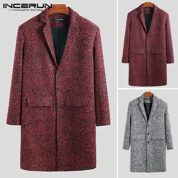 

INCERUN Men Long Sleeve Solid Color WindProof Woolen Long Coats Business Style Trend Button Long Trench Jackets Abrigos Hombre