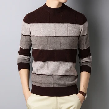 

100% Wool Men Knit Tops Sweater Pullover Basic O Neck for Autumn Winter Contrasted Fashion Casual BO22121231