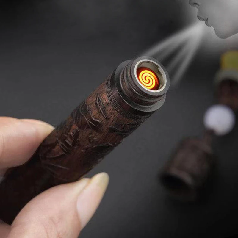 Blow and blow automatic induction sandalwood lighter USB charging windproof electronic lighter tungsten cigarette lighter gadget
