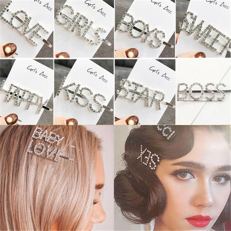 

1pcs Glitter Letter Hairpins Crystal Shiny Rhinestones Letters Hair Clips Women Styling Tool Hairgrip Diamond Accessories T0823