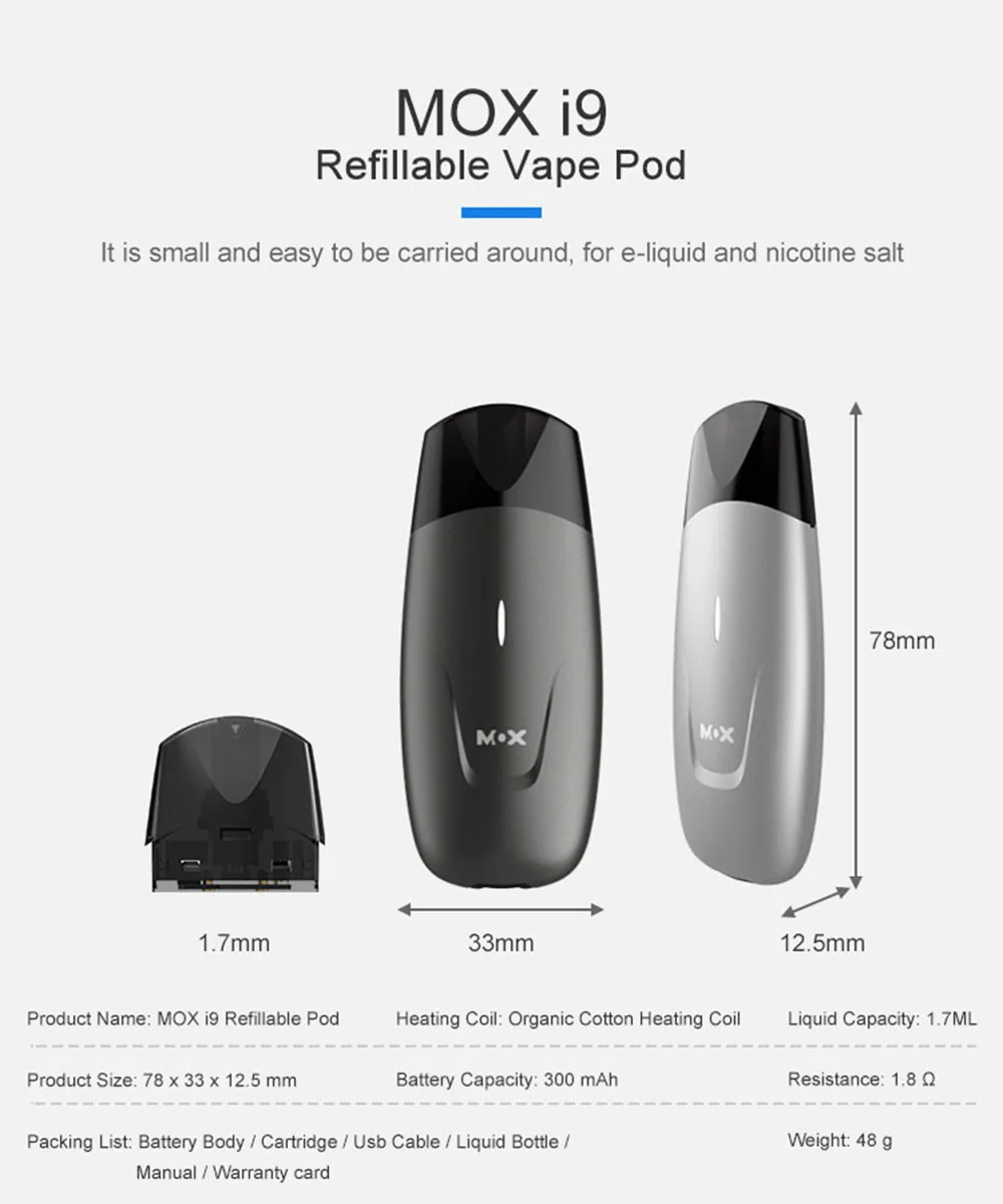 MOX I9 многоразовый Vape комплект 1,7 мл Vape Pod 300 мАч батарея электронная сигарета электронные сигареты Vape Pod