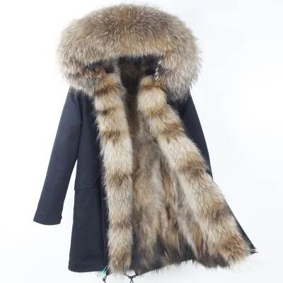 MaoMaoKong2019, Длинная зимняя куртка, женская верхняя одежда, толстые парки, пальто с воротником из натурального меха енота, с капюшоном, настоящая теплая подкладка из лисьего меха - Цвет: Long 25
