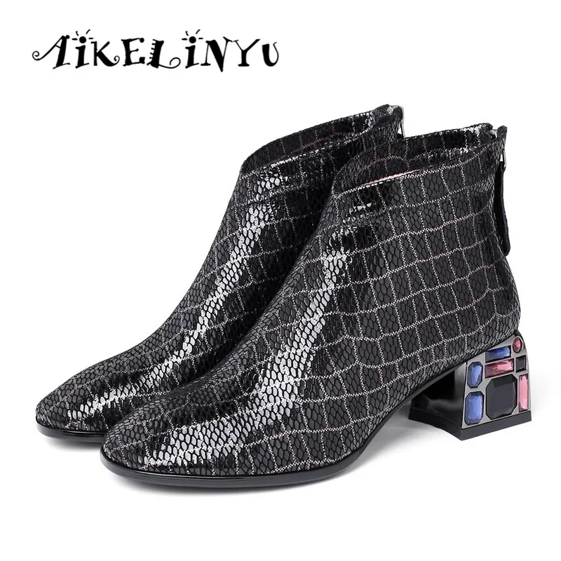 

AIKELINYU Emboss Sheepskin Boots Women Ankle Chelsea Boot Round Toe Shoes Female Crystal Heels High Boots Ladies Shoes Winter