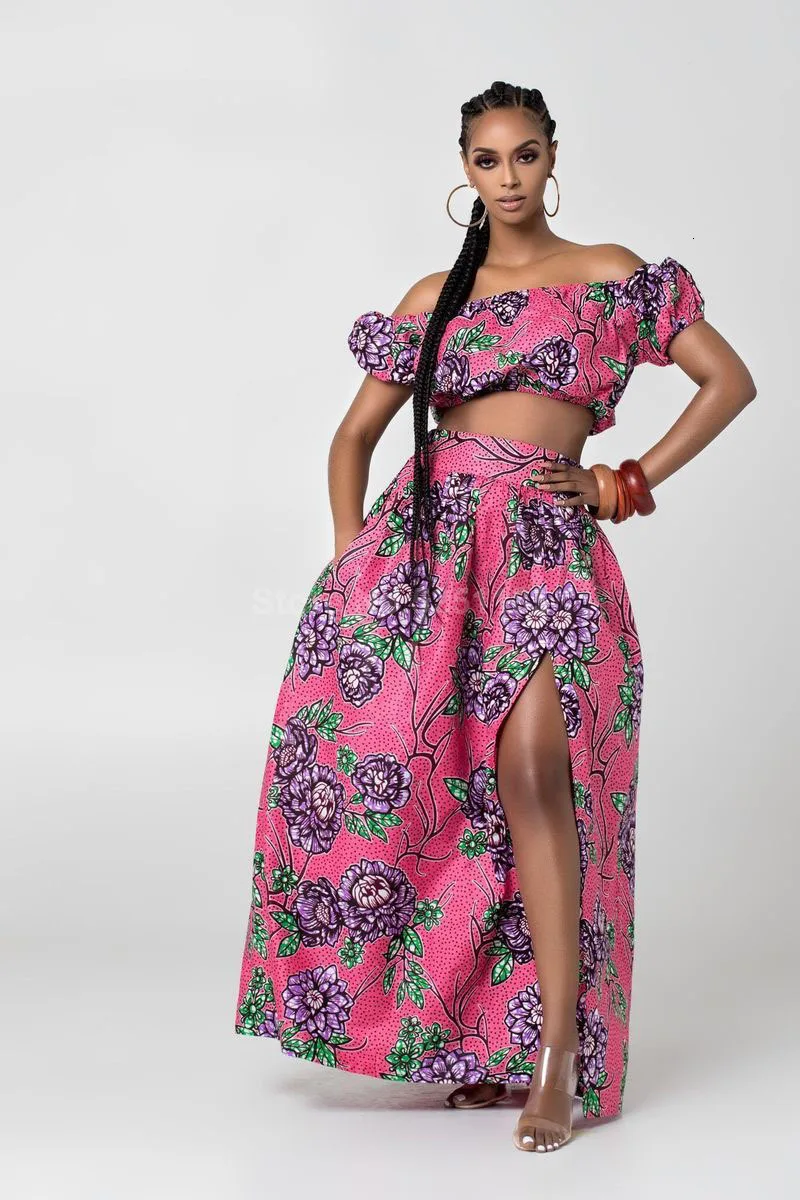 Women Danshiki Ankara Tube Crop Printed Tops Long Dresses Femme African Off Shoulder Side Slit High Waist Sexy Maxi Swing Skirts african fashion designers