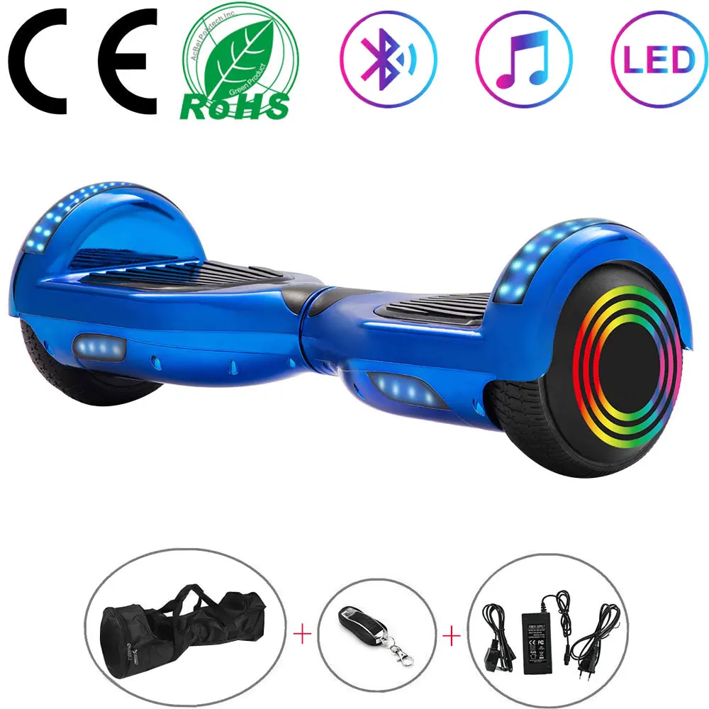 

Electric Scooter 6.5 Inch Blue Chrome Hoverboard Two Wheels LED Lights Kids Self Balance Scooter Balance Board Bluetooth+Key+Bag