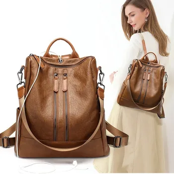 

2020 new leather earphone hole fashion casual backpack multifunctional female bag soft leather backpack teen girls backpacks