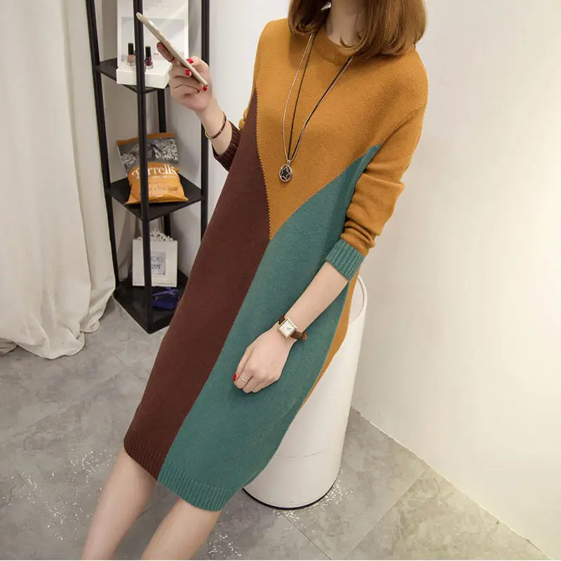 

Осенне-зимнее вязаное платье, женское платье-свитер средней длины с подбором цветов, новинка, утепленный базовый свитер в Корейском стиле, Женский пуловер