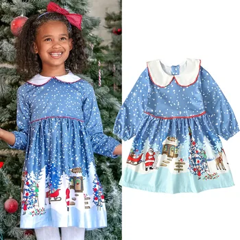 

New toddler kids Girls Christmas printed snow Santa Claus Blue long sleeve Dress cosplay costume