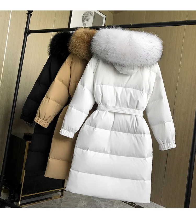 Новинка зимы высокого качества в Корейском стиле Для женщин, детский удлиненный пуховик Длинная Куртка с секциями, подчеркивающие фигуру, с завышенной талией, тонкий пояс большое пальто с мехом Куртка с воротником